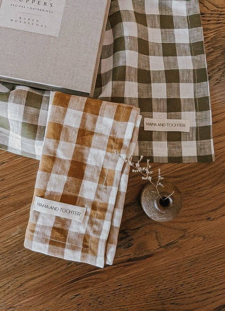 Mama And Tochter Pure French Linen Tea Towel - Toffee Gingham
