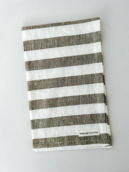 Pure French Linen Tea Towel - Wide Olive Stripe