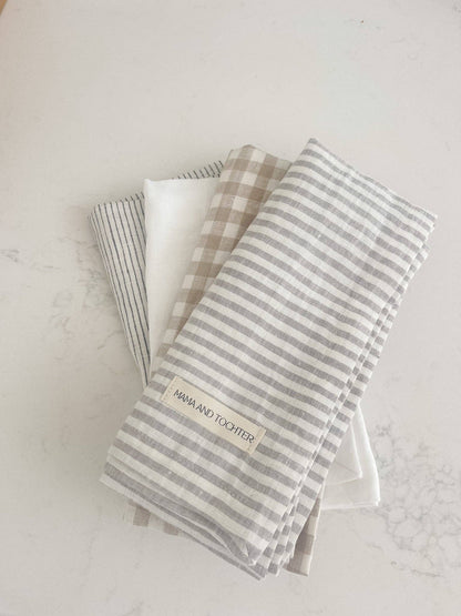 Pure French Linen Tea Towel - Grey Stripe