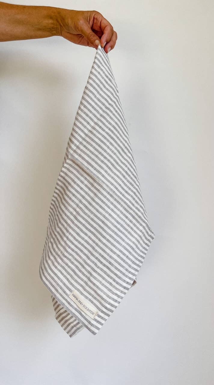 Pure French Linen Tea Towel - Grey Stripe